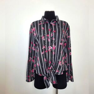 Floral Striped Blouse Tie Front Knotted Rose Boho Romantic Feminine Summer Large